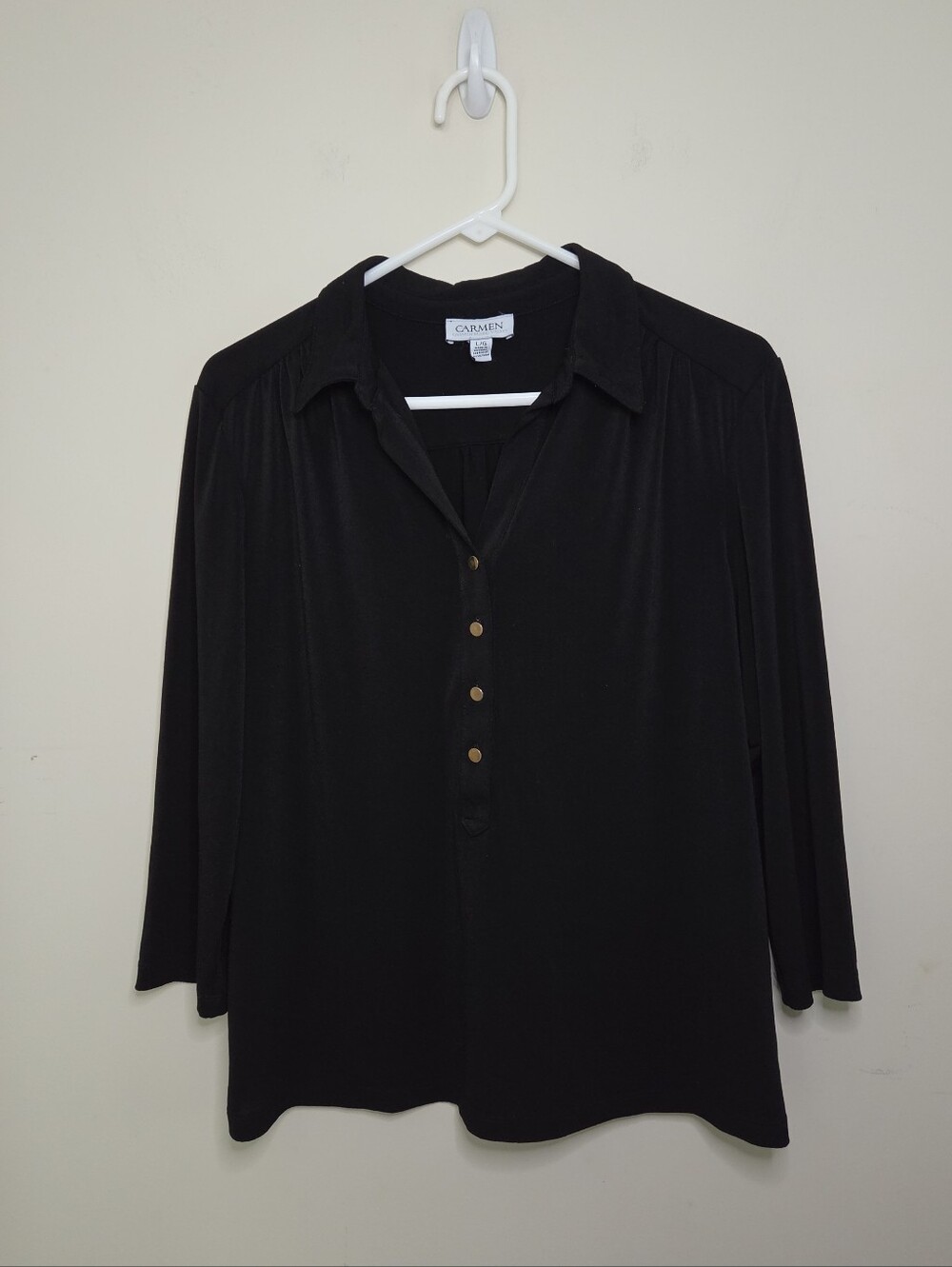 Women's Carmen Marc Valvo Black 3/4 Sleeve Partial Button Front Top Sz Large - Picture 1 of 7